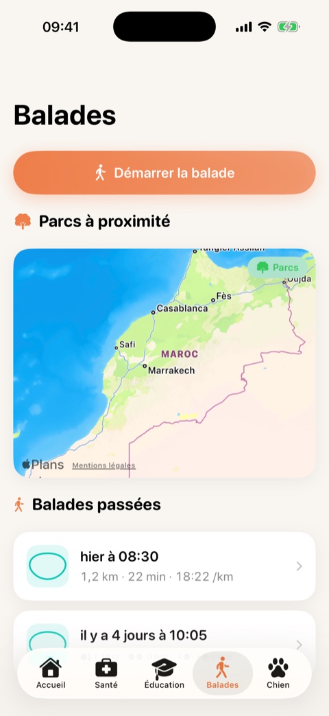 Écran Balades : bouton Démarrer la balade, carte des parcs et historique.