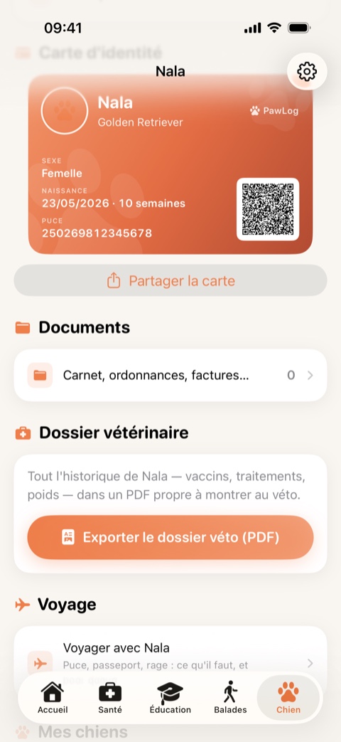 Carte d'identité de Nala avec QR code, section documents et export du dossier vétérinaire.