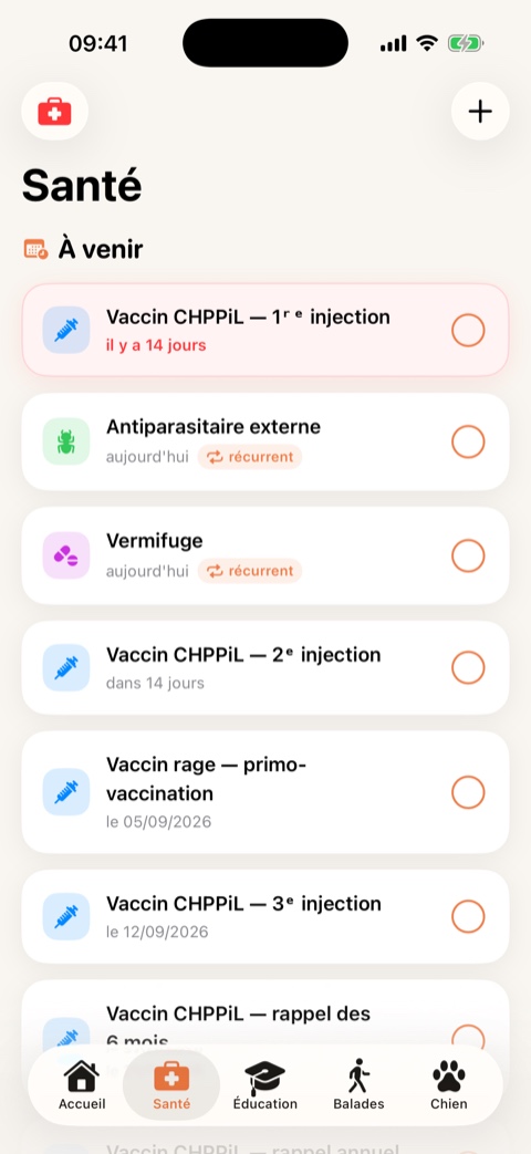 Écran Santé : vaccins CHPPiL et rage, vermifuge et antiparasitaire, avec leurs dates.