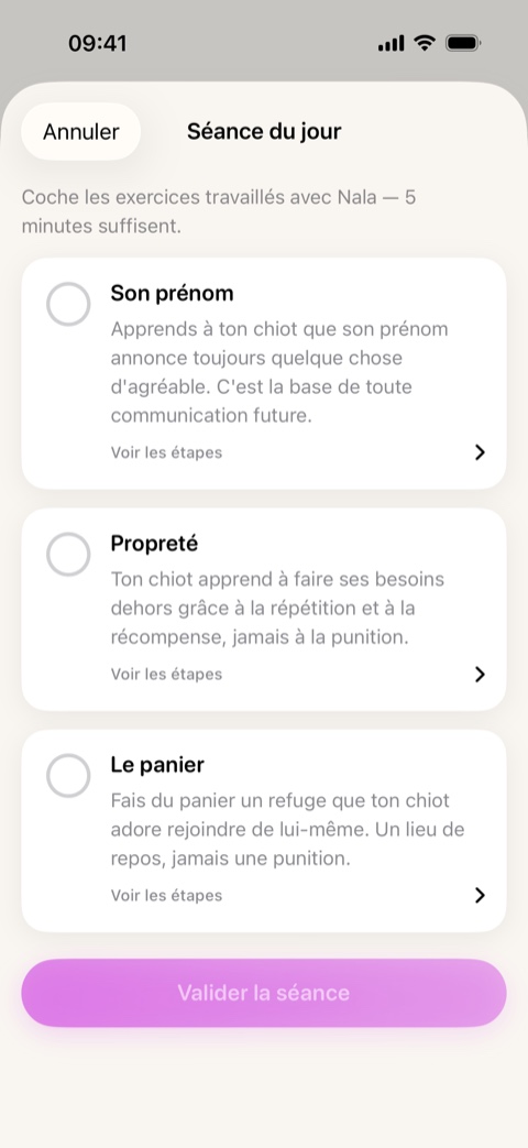 Séance du jour : son prénom, la propreté et le panier, à cocher.
